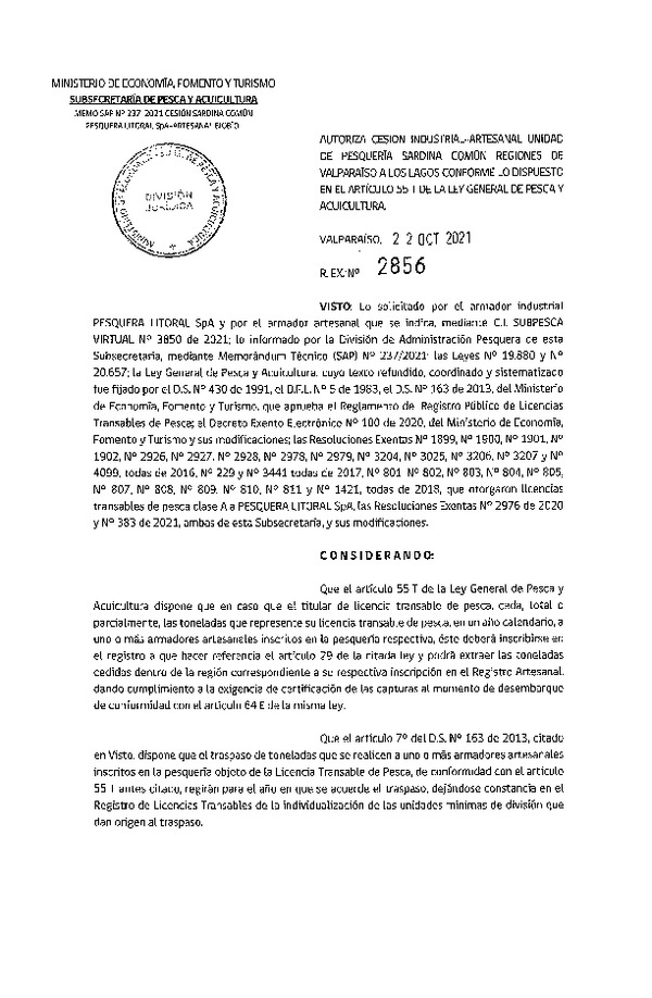 Res. Ex. N° 2856-2021 Autoriza Cesión unidad de pesquería sardina común, Regiones Valparaíso a Los Lagos. (Publicado en Página Web 22-10-2021)