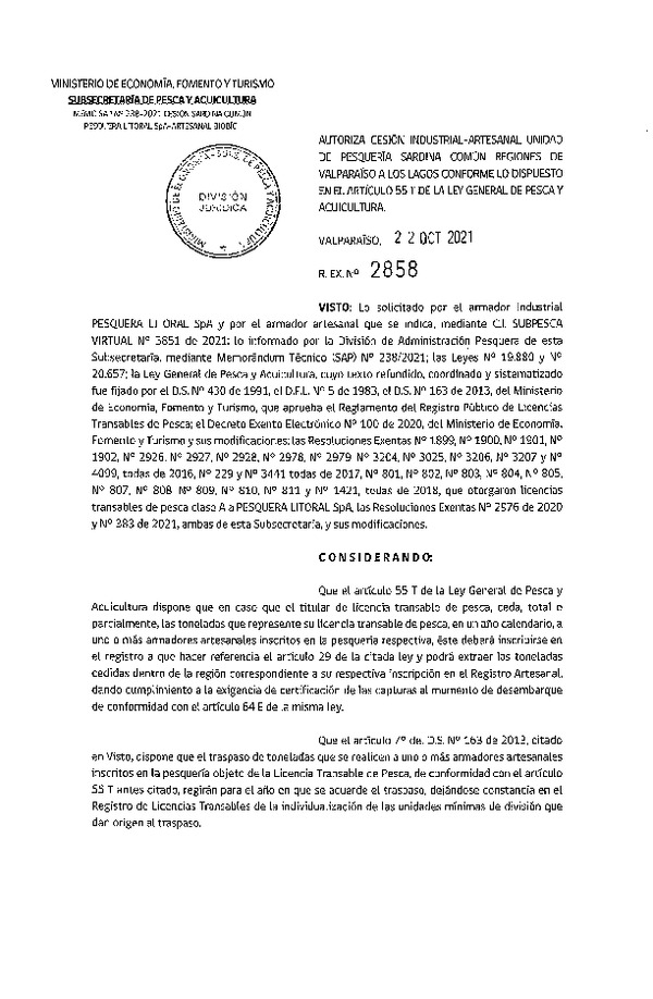 Res. Ex. N° 2858-2021 Autoriza Cesión unidad de pesquería sardina común, Regiones Valparaíso a Los Lagos. (Publicado en Página Web 22-10-2021)