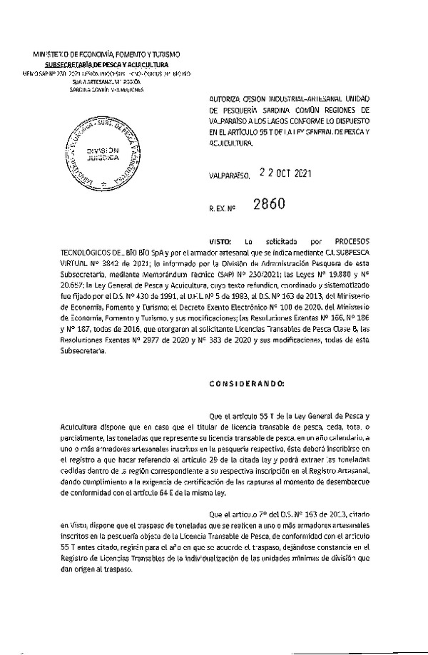 Res. Ex. N° 2860-2021 Autoriza Cesión unidad de pesquería sardina común, Regiones Valparaíso a Los Lagos. (Publicado en Página Web 22-10-2021)