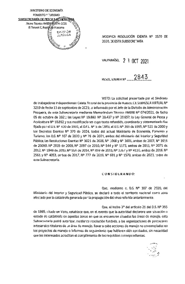 Res. Ex. N° 2843-2021 Modifica Res. Ex. N° 1570-2020 Acción de Manejo. (Publicado en Página Web 22-10-2021)