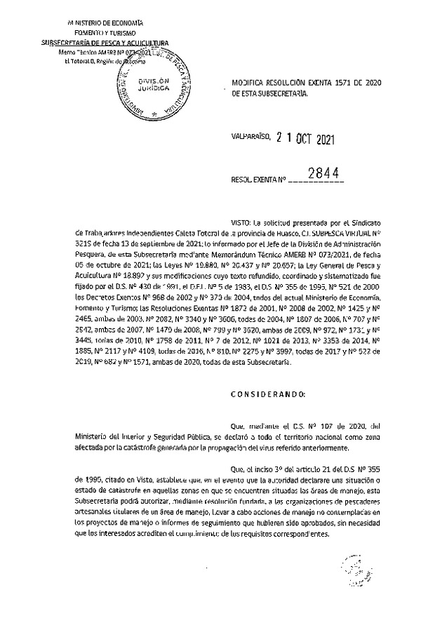 Res. Ex. N° 2844-2021 Modifica Res. Ex. N° 1571-2020 Acción de Manejo. (Publicado en Página Web 22-10-2021)