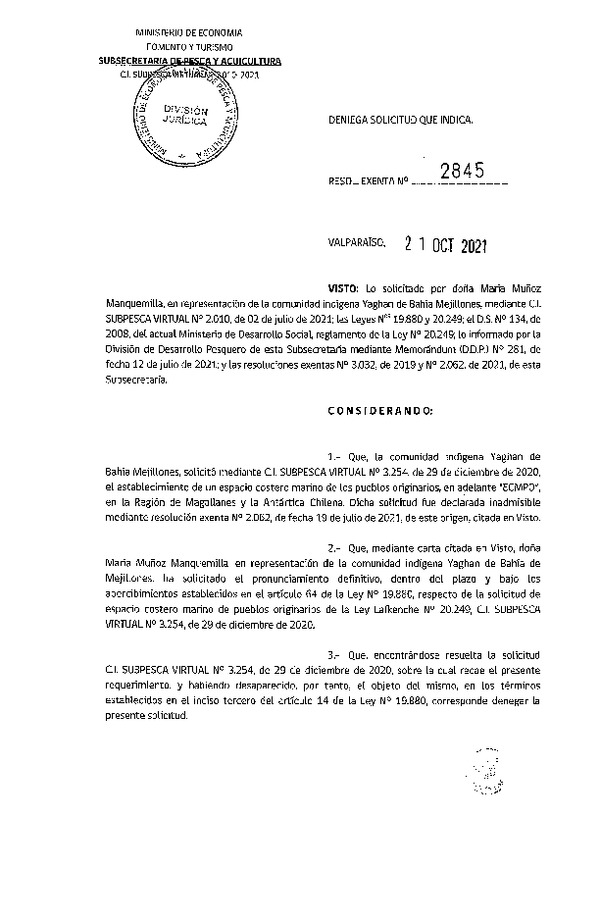 Res. Ex. N° 2845-2021 Deniega solicitud que indica. (Publicado en Página Web 22-10-2021)