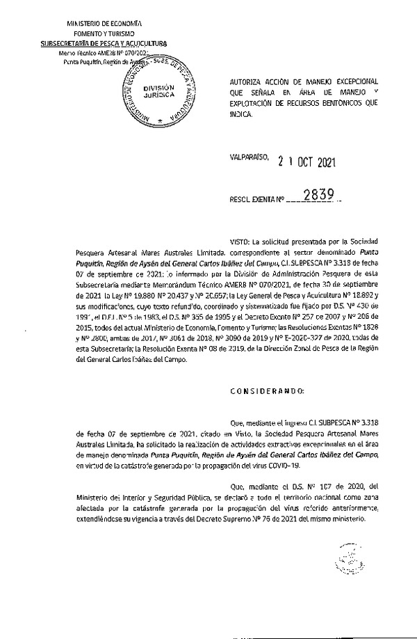 Res. Ex. N° 2839-2021 Autoriza acción de manejo excepcional que señala. (Publicado en Página Web 22-10-2021)