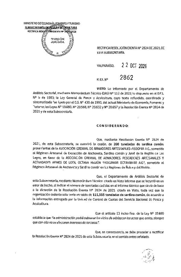 Res. Ex. N° 2862-2021 Rectifica Res. Ex. N° 2824-2021 Autoriza Cesión Sardina común, Región de Los Lagos a Ñuble-Biobío. (Publicado en Página Web 22-10-2021)