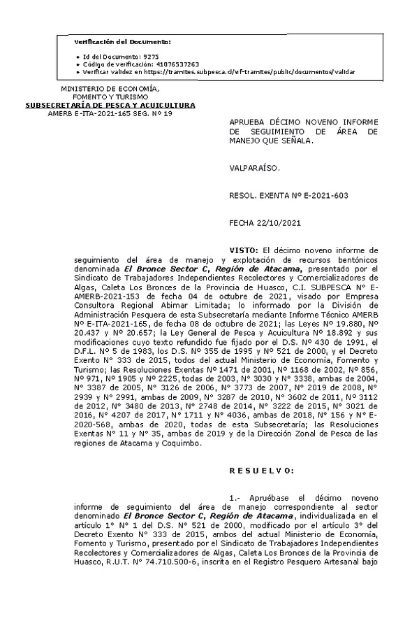 RESOL. EXENTA Nº E-2021-603 Aprueba 19° Seguimiento. (Publicado en Página Web 25-10-2021)