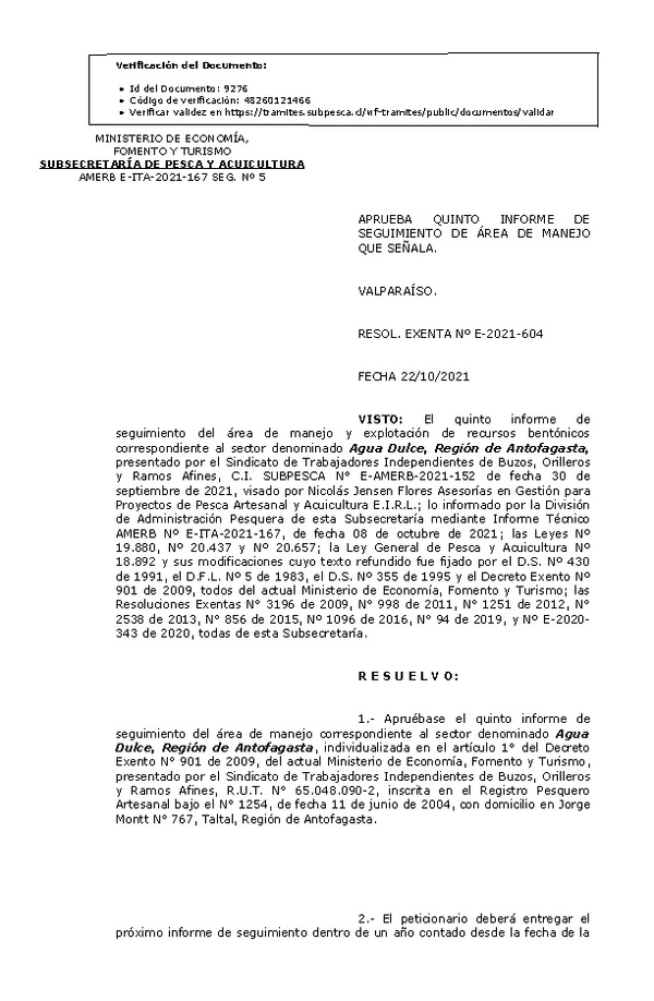 RESOL. EXENTA Nº E-2021-604 Aprueba 5° Seguimiento. (Publicado en Página Web 25-10-2021)