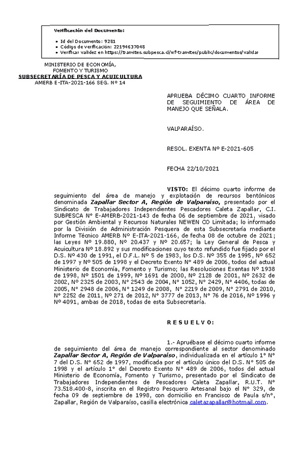 RESOL. EXENTA Nº E-2021-605 Aprueba 14° Seguimiento. (Publicado en Página Web 25-10-2021)