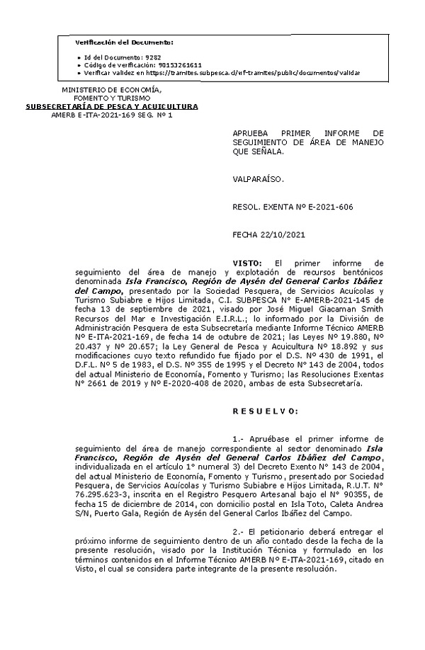 RESOL. EXENTA Nº E-2021-606 Aprueba 1° Seguimiento. (Publicado en Página Web 25-10-2021)