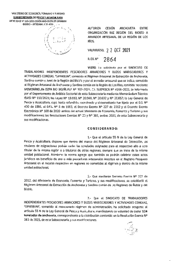 Res. Ex. N° 2864-2021 Autoriza Cesión Anchoveta, Región de del Biobío a Región de Los Ríos. (Publicado en Página Web 25-10-2021)