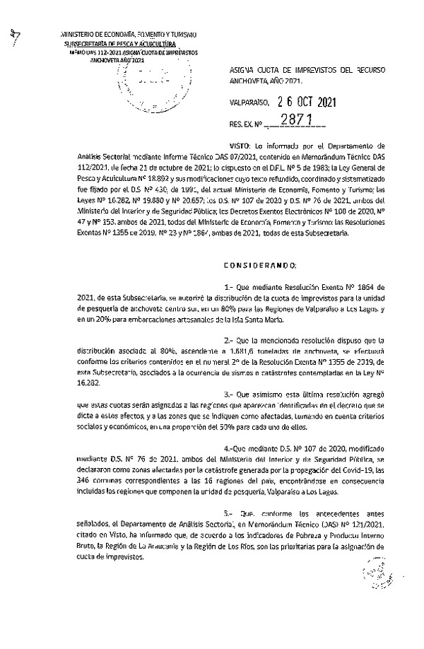 Res. Ex. N° 2871-2021 Asigna cuota de imprevistos del Recurso Anchoveta, Año 2021. (Publicado en Página Web 26-10-2021)