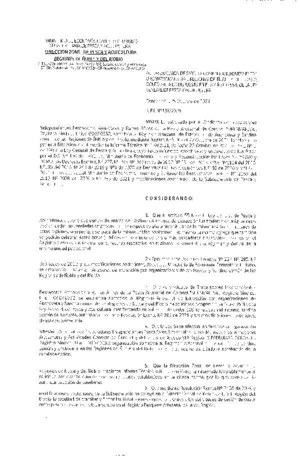 Res. Ex. N° 138-2021 (DZP Ñuble y del Biobío) Autoriza cesión Sardina Común y Anchoveta Región de Ñuble-Biobío (Publicado en Página Web 26-10-2021)