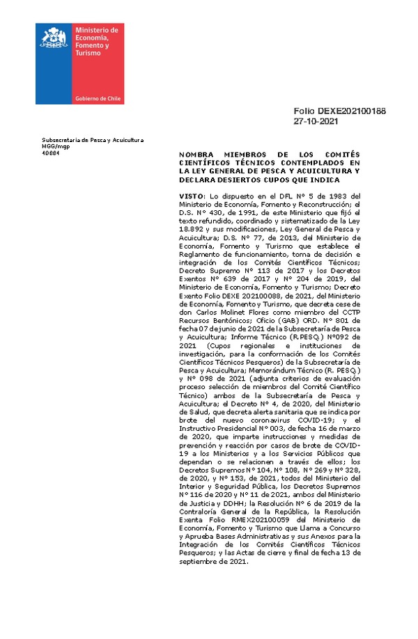 Dec. Ex. Folio 202100188 Nombra Miembros de Los Comités Científicos Técnicos Contemplados em la Ley General de Pesca y Acuicultura y Declara Desiertos Cupos que Indica. (Publicado en Página Web 28-10-2021)