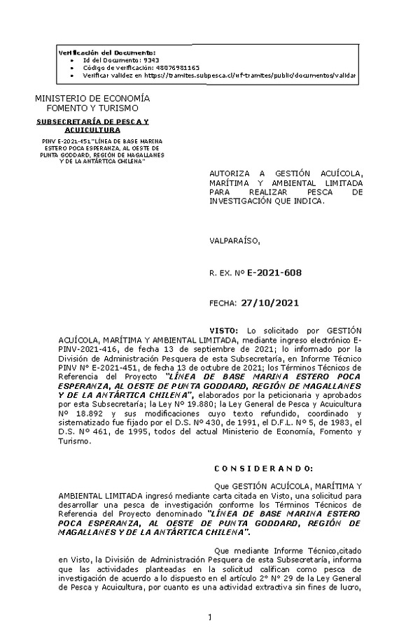 R. EX. Nº E-2021-608 LÍNEA DE BASE MARINA ESTERO POCA ESPERANZA, AL OESTE DE PUNTA GODDARD, REGIÓN DE MAGALLANES Y DE LA ANTÁRTICA CHILENA. (Publicado en Página Web 28-10-2021)