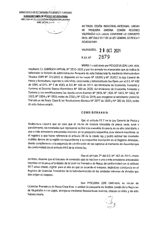 Res. Ex. N° 2879-2021 Autoriza Cesión unidad de pesquería Sardina Común, Regiones Valparaíso a Los Lagos. (Publicado en Página Web 28-10-2021)