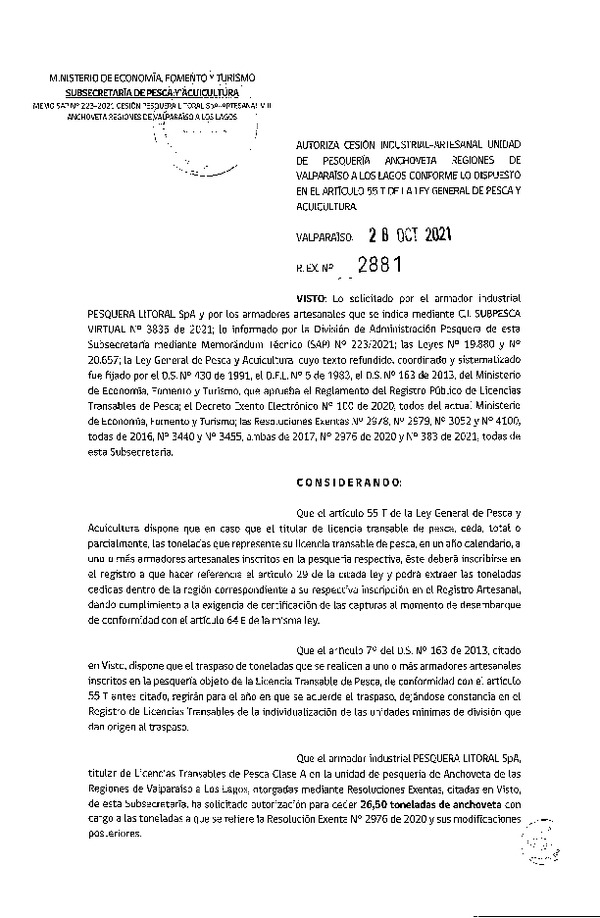Res. Ex. N° 2881-2021 Autoriza Cesión unidad de pesquería Anchoveta, Regiones Valparaíso a Los Lagos. (Publicado en Página Web 28-10-2021)