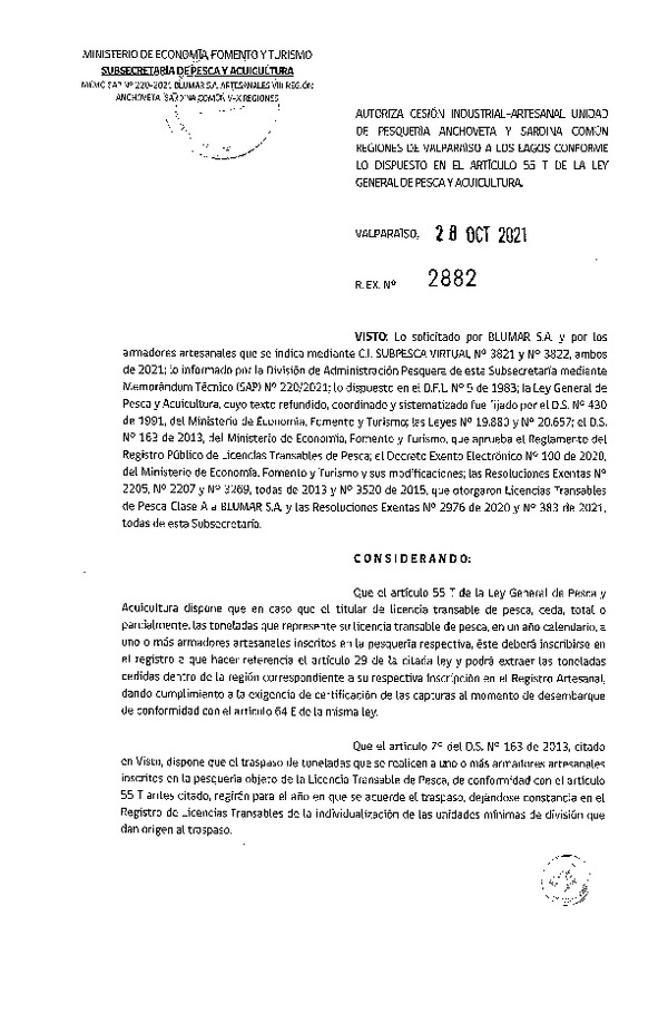 Res. Ex. N° 2882-2021 Autoriza Cesión unidad de pesquería Anchoveta y Sardina Común, Regiones Valparaíso a Los Lagos. (Publicado en Página Web 28-10-2021)