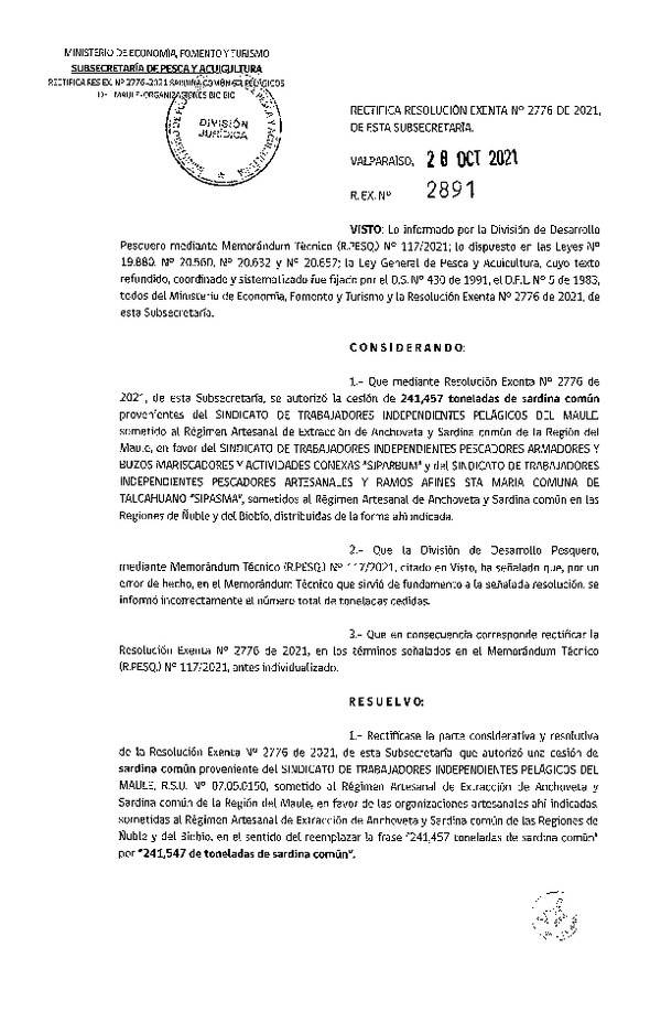 Res. Ex. N° 2891-2021 Rectifica Res Ex N° 2776-2021 Autoriza cesión de pesquería Sardina Común, Regiones del Maule a Ñuble - Biobío. (Publicado en Página Web 28-10-2021).
