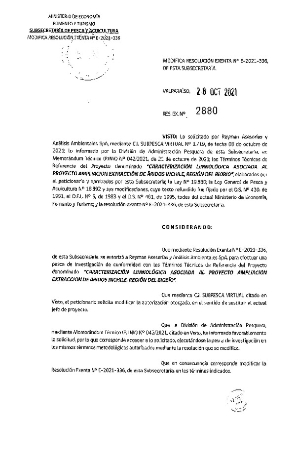 Res. Ex. N° 2880-2021 Modifica R. EX. Nº E-2021-336 CARACTERIZACIÓN LIMNOLÓGICA ASOCIADA AL PROYECTO AMPLIACIÓN EXTRACCIÓN DE ÁRIDOS INCHILE, REGIÓN DEL BIOBÍO. (Publicado en Página Web 28-10-2021)