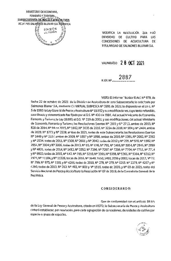 Res. Ex. N° 2887-2021 Modifica Res. Ex. N° 1773-2021 Fija densidad de cultivo para concesiones de acuicultura de Salmones Blumar S.A. (Publicado en Página Web 28-10-2021)