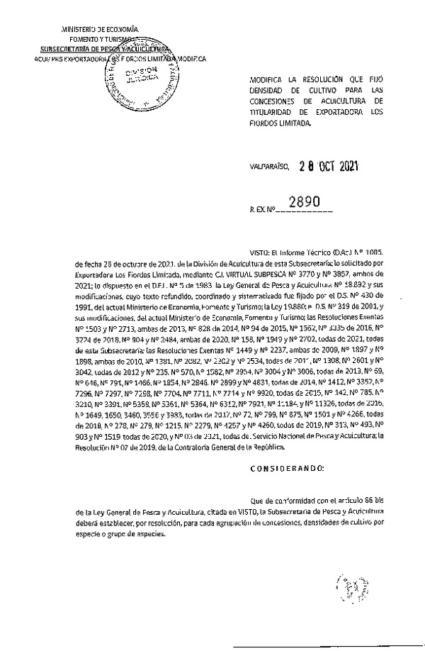 Res. Ex. N° 2890-2021 Modifica Res. Ex. 158-2021 Fija densidad de cultivo para concesiones de acuicultura de titularidad de Exportadora Los Fiordos Limitada. (Con Informe Técnico) (Publicado en Página Web 28-10-2021)