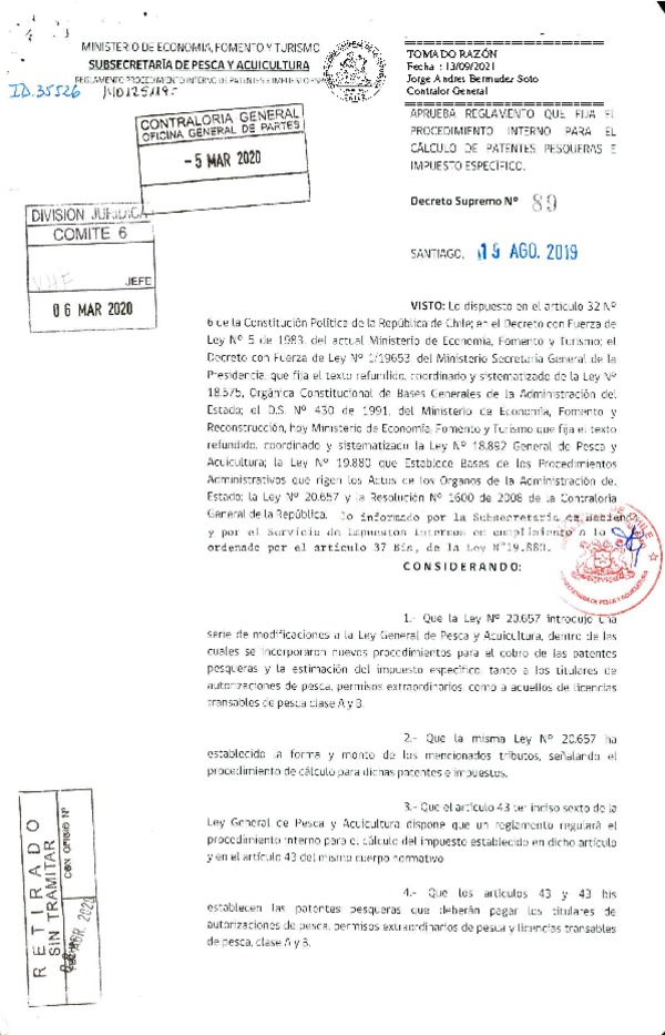 D.S. N° 89-2019 Aprueba Reglamento que Fija el Procedimiento Interno para el Cálculo de Patentes Pesqueras e Impuesto Específico. (Publicado en Página Web 29-10-2021) (F.D.O. 29-10-2021)