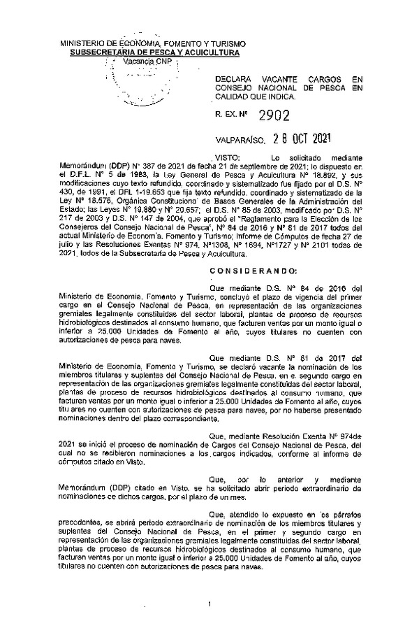 Res. Ex. N° 2902-2021 Declara Vacante Cargos en Consejo nacional de Pesca en Calidad que Indica. (Publicado en Página Web 29-10-2021)