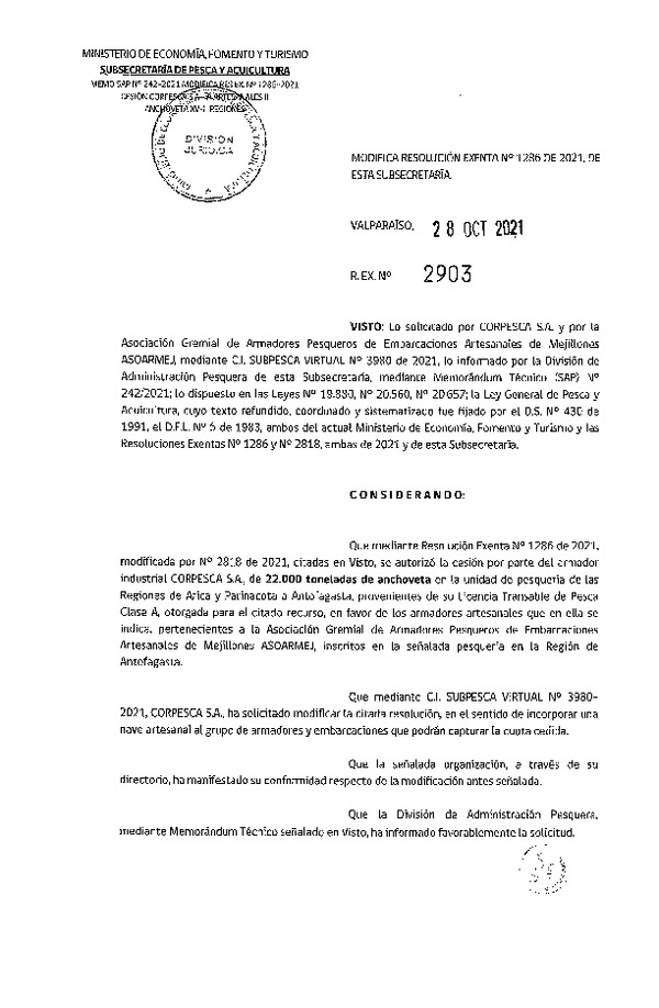 Res. Ex. N° 2903-2021 Modifica Res. Ex. N° 1286-2021 Autoriza Cesión Anchoveta, Regiones de Arica y Parinacota a Región de Antofagasta. (Publicado en Página Web 29-10-2021)