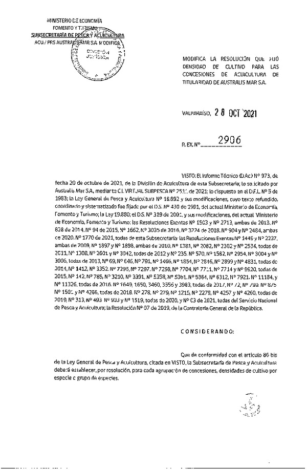 Res. Ex. N° 2906-2021 Modifica 	Res. Ex. N° 1770-2021 Fija densidad de cultivo para concesiones de acuicultura de Australis Mar S.A. (Publicado en Página Web 29-10-2021)