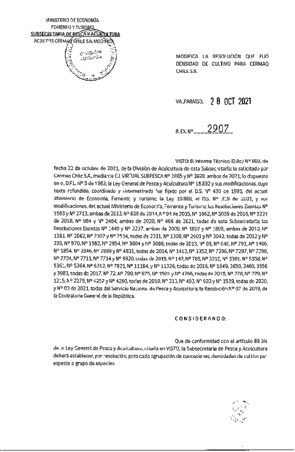 Res. Ex. N° 2907-2021 Modifica Res. Ex N° 466-2021 Fija densidad de cultivo para las concesiones de acuicultura de Cermaq Chile S.A. (Con Informe Técnico) (Publicado en Página Web 29-10-2021).