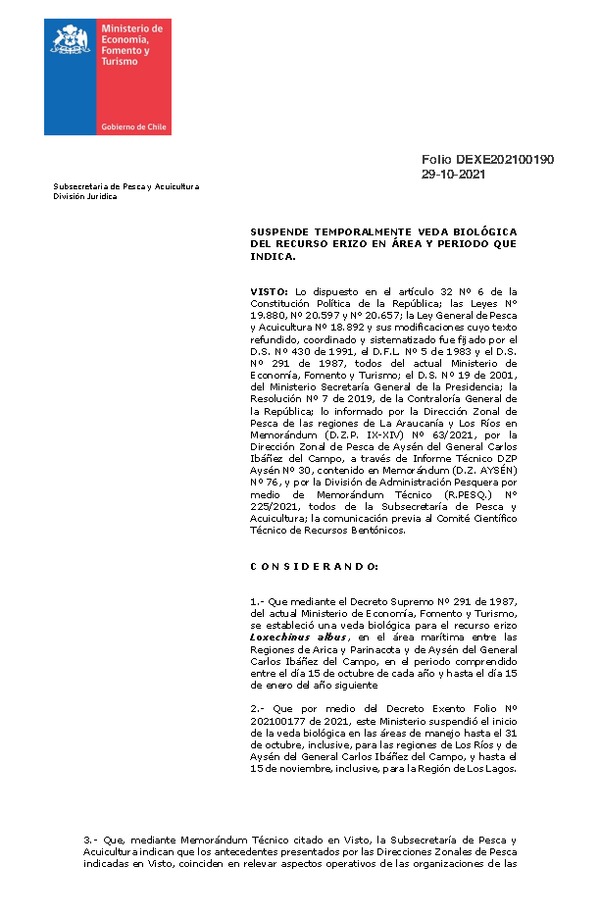 Dec. Ex. Folio 202100190 Suspende Temporalmente Veda Biológica Para el Recurso Erizo, en área y periodo que indica. (Publicado en Página Web 29-10-2021)