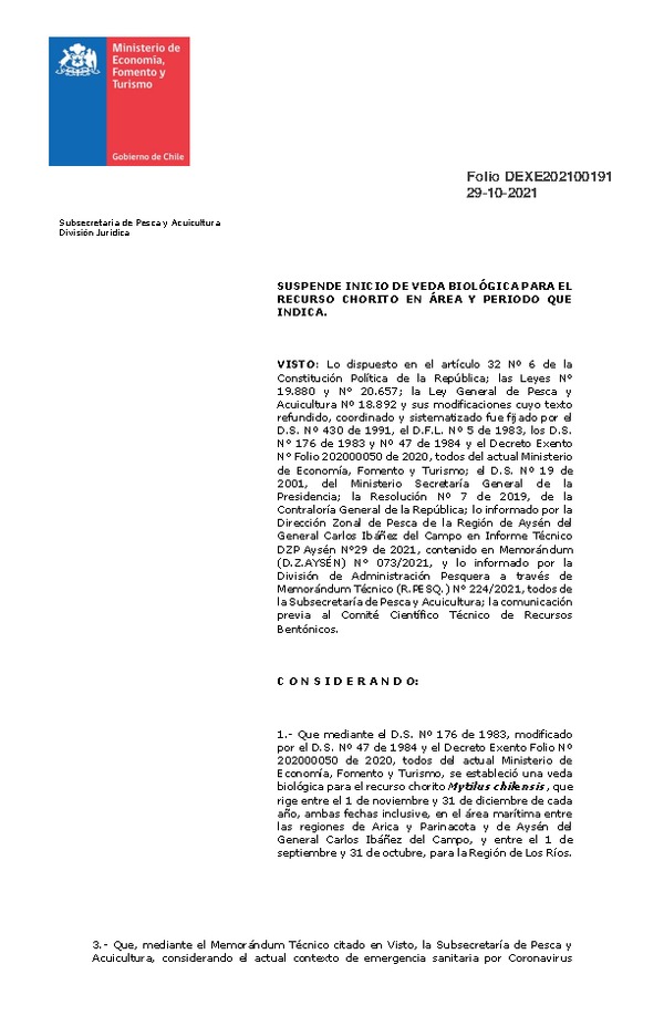 Dec. Ex. Folio 202100191 Suspende Inicio de Veda Biológica Para el Recurso Chorito, en área y periodo que indica. (Publicado en Página Web 29-10-2021)