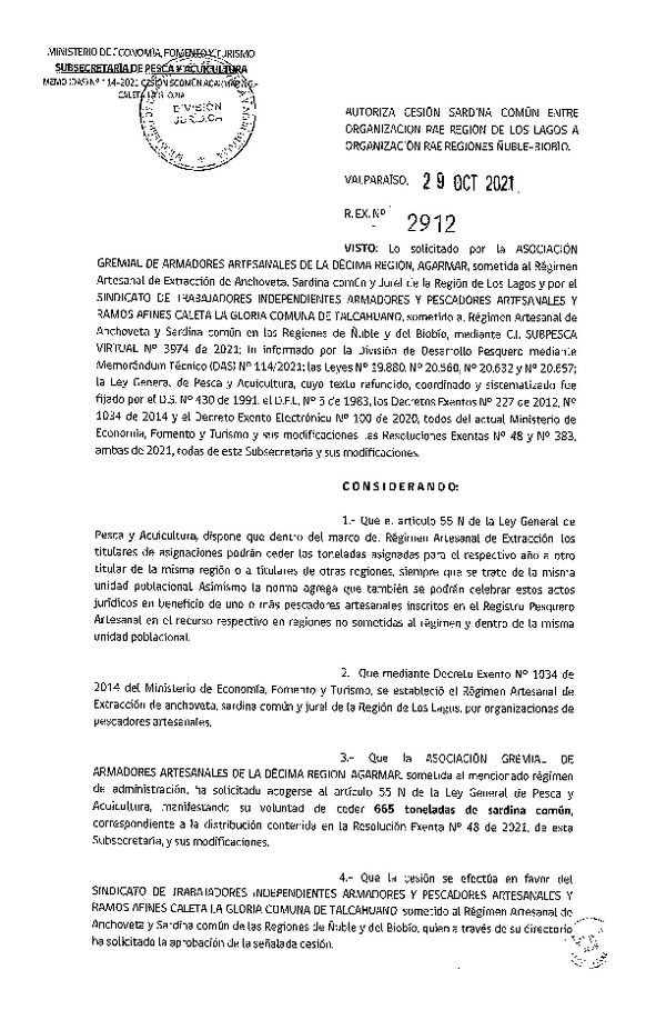 Res. Ex. N° 2912-2021 Autoriza Cesión Sardina común, Región de Los Lagos a Ñuble-Biobío. (Publicado en Página Web 03-11-2021)