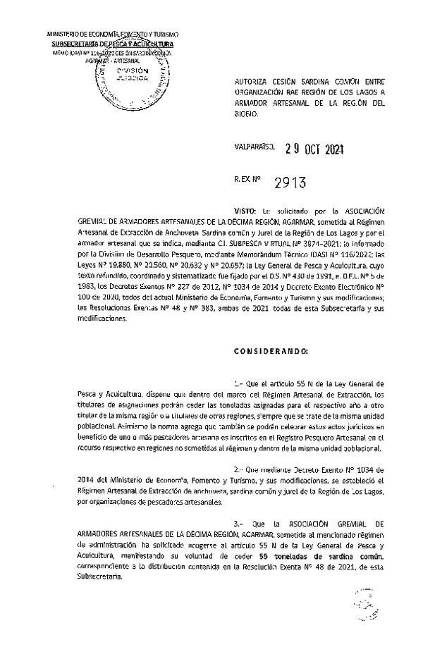 Res. Ex. N° 2913-2021 Autoriza Cesión Sardina común, Región de Los Lagos a Ñuble-Biobío. (Publicado en Página Web 03-11-2021)