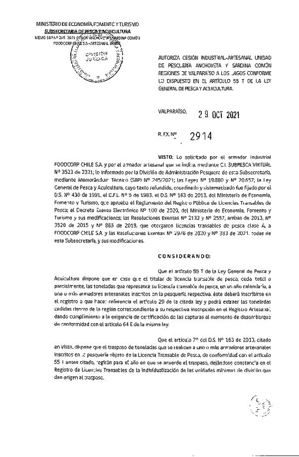 Res. Ex. N° 2914-2021 Autoriza Cesión unidad de pesquería Sardina Común y Anchoveta, Regiones Valparaíso a Los Lagos. (Publicado en Página Web 03-11-2021)