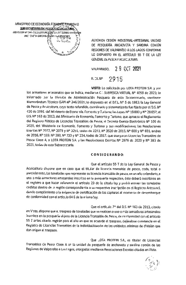 Res. Ex. N° 2915-2021 Autoriza Cesión unidad de pesquería Sardina Común y Anchoveta, Regiones Valparaíso a Los Lagos. (Publicado en Página Web 03-11-2021)