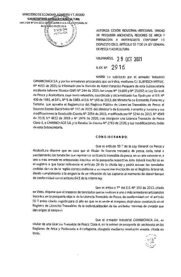 Res. Ex. N° 2916-2021 Autoriza Cesión Anchoveta, Regiones de Arica y Parinacota a Región de Antofagasta. (Publicado en Página Web 03-11-2021)