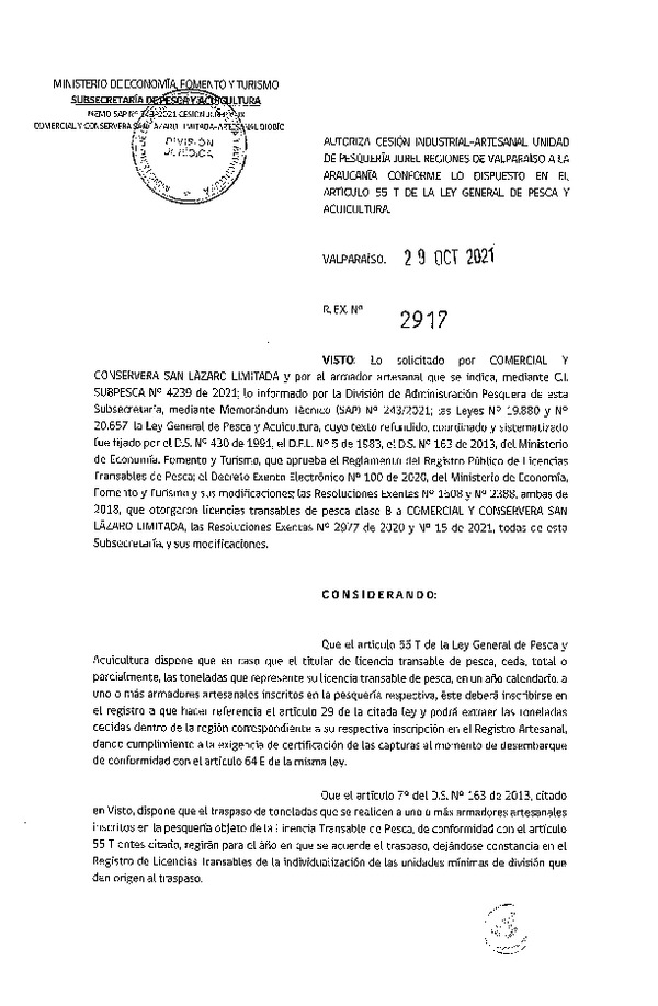 Res. Ex. N° 2917-2021 Autoriza Cesión Jurel, Regiones de Valparaíso a Región de La Araucanía. (Publicado en Página Web 03-11-2021)