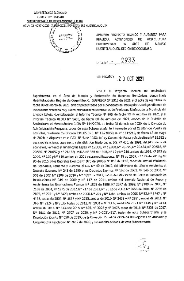 Res. Ex N° 2933-2021 Aprueba proyecto técnico y autoriza para realizar actividades de acuicultura en Área de manejo Huentelauquén, Región de Coquimbo. (Publicado en Página Web 03-11-2021)