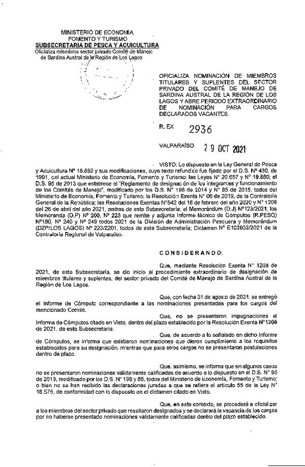 Res. Ex. N° 2936-2021 Oficializa Nominación de Miembros Titulares y Suplentes del Sector Privado del Comité de Manejo de Sardina Austral, Región de Los Lagos y Abre Período Extraordinario de Nominación para Cargos Declarados Vacantes. (Publicado en Página Web 03-11-2021)