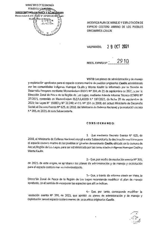 Res. Ex. N° 2910-2021 Modifica Res. Ex. N° 355-2021 Aprueba planes de administración y de manejo y explotación para ECMPO que indica. (Publicado en Página Web 03-11-2021)