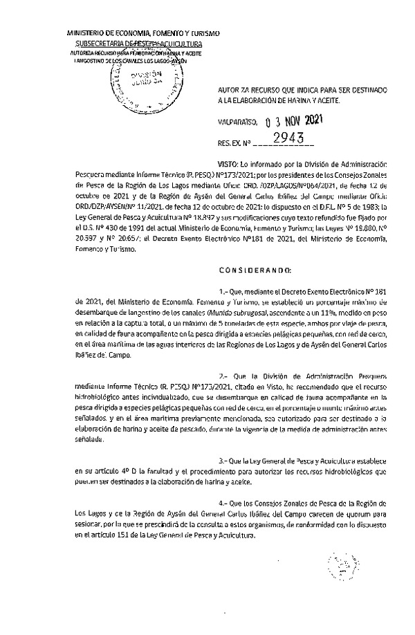 Res. Ex. N° 2943-2021 Autoriza Recurso que Indica para ser Destinado a la Elaboración de Harina y Aceite. (Publicado en Página Web 04-11-2021)