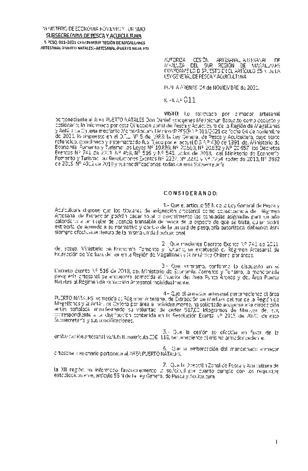 Res Ex. N° 011-2021 (DZP de Magallanes) Autoriza Cesión Merluza del sur. (Publicado en Página Web 04-11-2021)