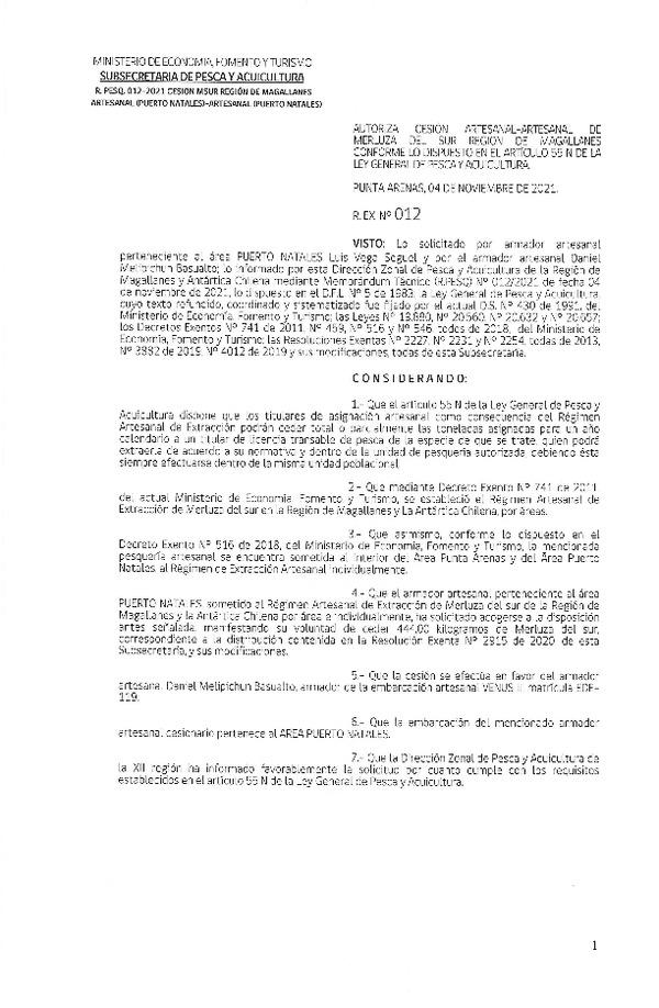 Res Ex. N° 012-2021 (DZP de Magallanes) Autoriza Cesión Merluza del sur. (Publicado en Página Web 04-11-2021)