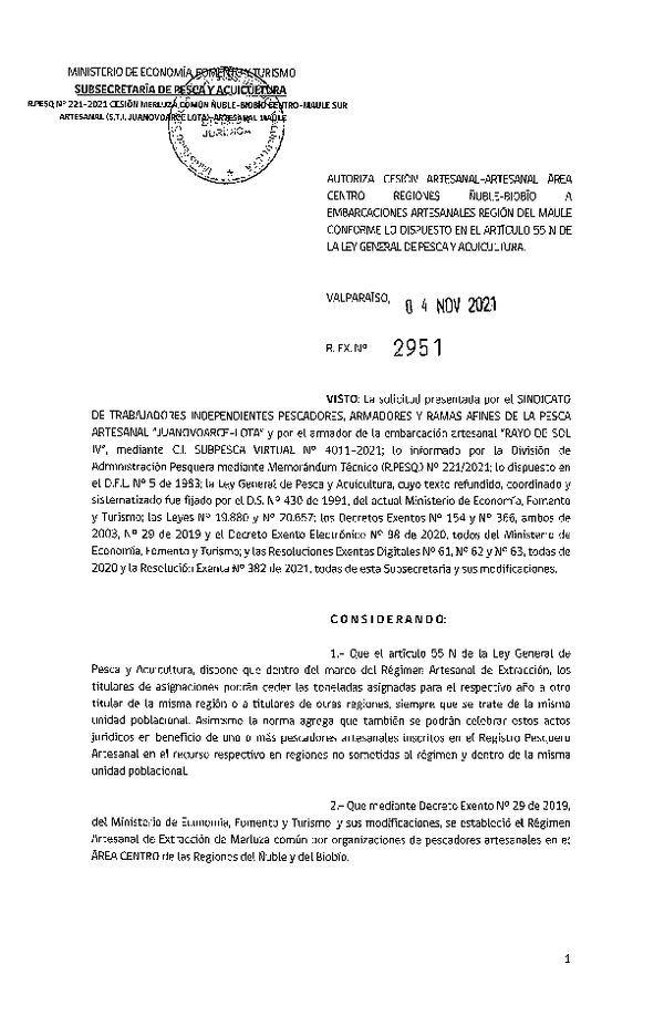 Res. Ex. N° 2951-2021 Autoriza Cesión Merluza común, Región de Ñuble-Biobío a Maule. (Publicado en Página Web 04-11-2021)