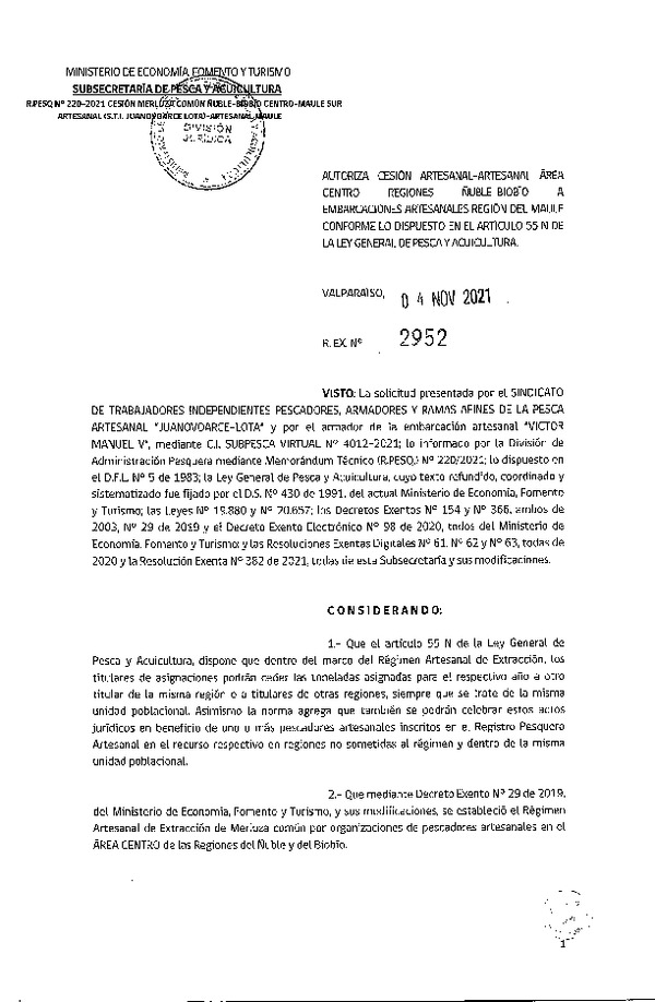 Res. Ex. N° 2952-2021 Autoriza Cesión Merluza común, Región de Ñuble-Biobío a Maule. (Publicado en Página Web 04-11-2021)
