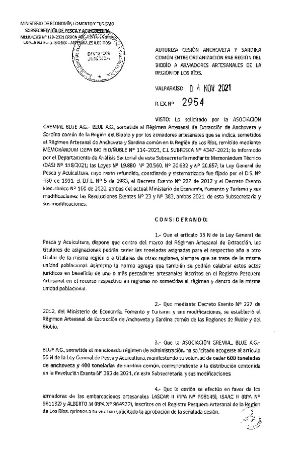 Res. Ex. N° 2954-2020 Autoriza Cesión anchoveta y sardina común Regiones del Biobío a Los Ríos. (Publicado en Página Web 04-11-2021).