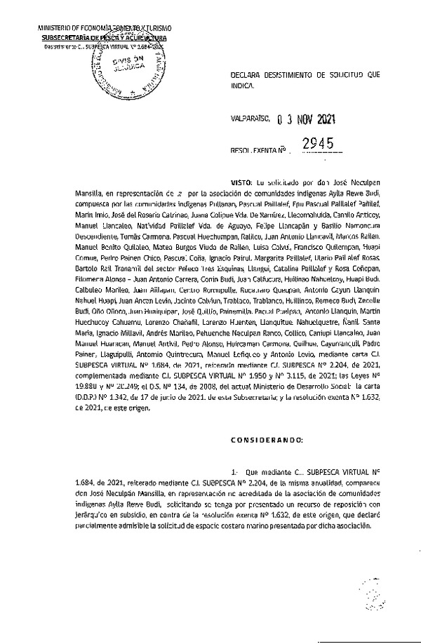 Res. Ex. N° 2945-2021 Declara desistimiento de solicitud que indica. (Publicado en Página Web 04-11-2021)