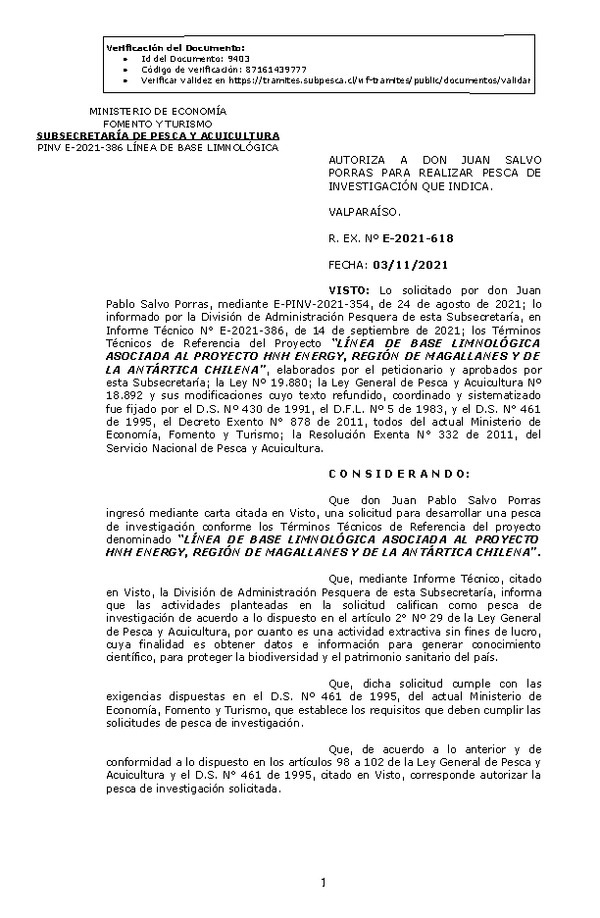 R. EX. Nº E-2021-618 LÍNEA DE BASE LIMNOLÓGICA ASOCIADA AL PROYECTO HNH ENERGY, REGIÓN DE MAGALLANES Y DE LA ANTÁRTICA CHILENA. (Publicado en Página Web 04-11-2021)