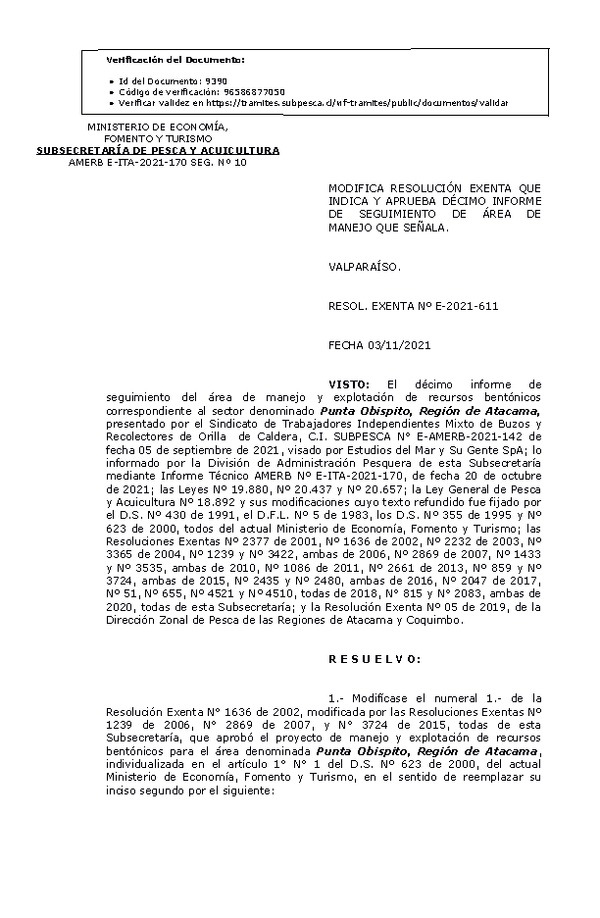 RESOL. EXENTA Nº E-2021-611 Modifica resolución que indica, aprueba 10° seguimiento. (Publicado en Página Web 04-11-2021)