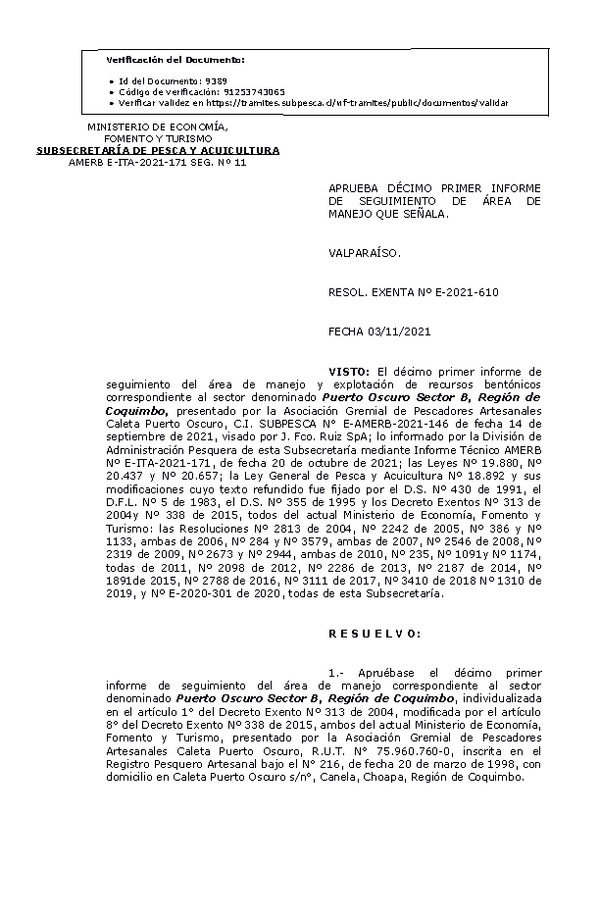 RESOL. EXENTA Nº E-2021-610 Aprueba 11° seguimiento. (Publicado en Página Web 04-11-2021)